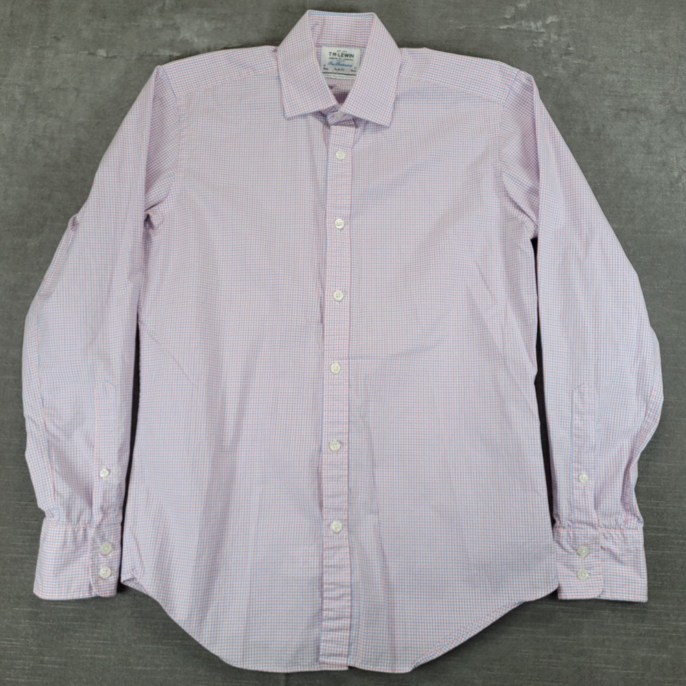 TM Lewin Mens Slim Fit Pink Blue Check Dress Shirt 15 34 Fine Shirtmakers Cotton